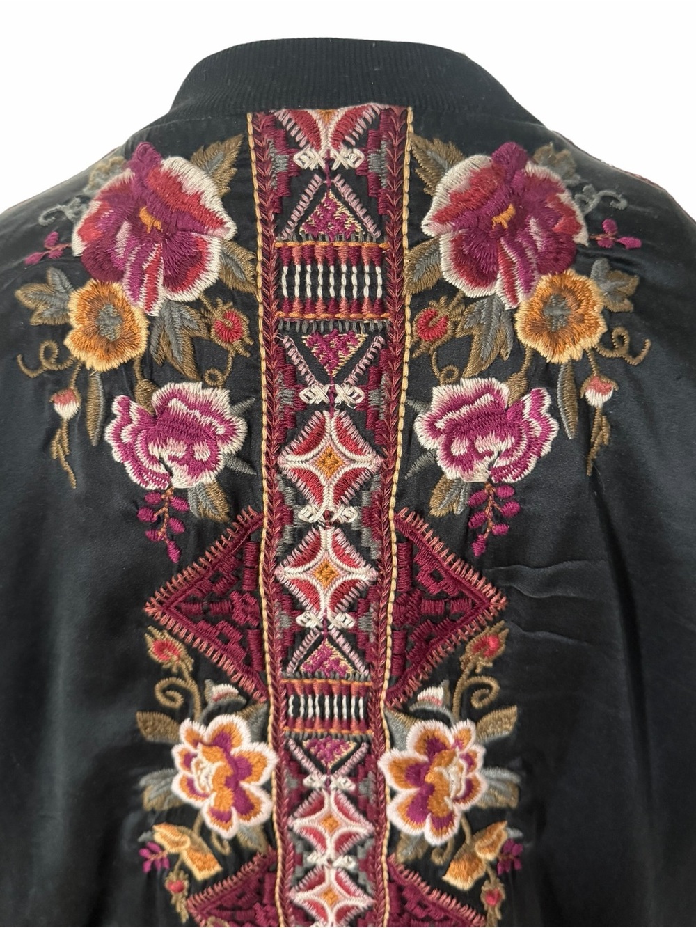 Johnny Was Black Nepal Silk Blend Bomber Jacket with Floral Embroidery L - Picture 8 of 14